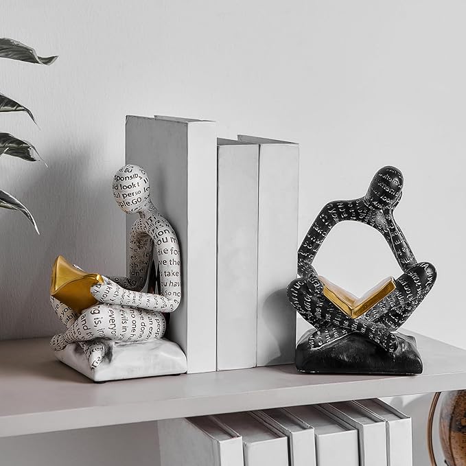 Heavy Duty Book Ends for Shelves, Thinker Decorative Bookends for Heavy Books, Unique Book Stoppers to Hold Book, Bookshelf Accessories, Modern Home Office Decor Aesthetic Black & White-Ruum Studio Home