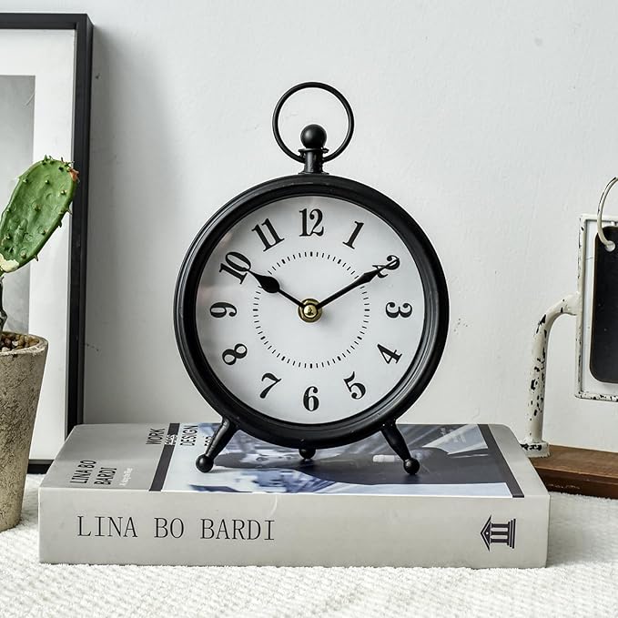 Vintage Non-Ticking Black Table Clock with Stand, Decorative Clock for Desk and Shelf, Rustic Farmhouse Style Mantel Timepiece-Ruum Studio Home