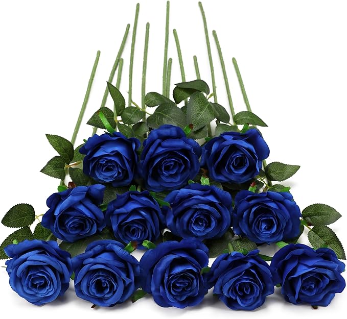 Blue Fake Roses Artificial Flowers - 10 Pcs Fake Artificial Roses Silk Flowers with Stems for Home Wedding Hotel Office Centerpiece Decor-Ruum Studio Home