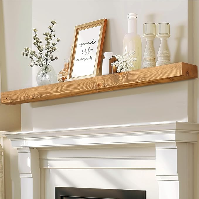 72x7x3 Fireplace Mantel - Solid Rustic Wood - Wall Mounted Floating Shelf with Invisible Heavy Duty Steel Bracket (Natural Wood)-Ruum Studio Home