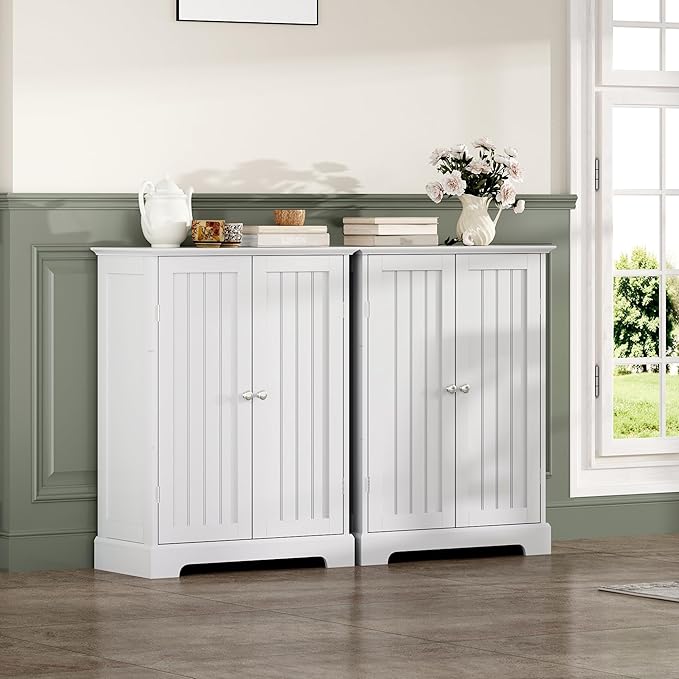 ChooChoo Bathroom Floor Cabinet, Modern Bathroom Storage Cabinet with 2 Doors and Adjustable Shelves, Freestanding Cupboard for Living Room, White-Ruum Studio Home