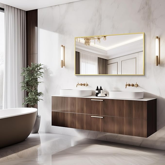Gold Bathroom Mirror for Wall, 30x48 Inch Rectangle Mirrors with Metal Frame, Modern Vanity Wall Mirror Decor for Bathroom Living Room, Entryway Hangs Horizontal or Vertical-Ruum Studio Home