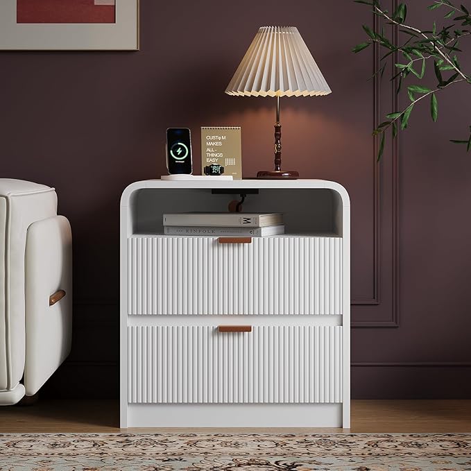 FURSUN 24" Fluted Nightstand with Charging Station, Wooden End Table with 2 Drawers Storage, Curved Profile Design, Modern Bedside Cabinet for Bedroom Living Room, White-Ruum Studio Home