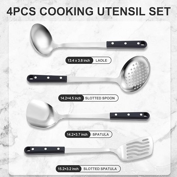 Pleafind 4-Pcs Cooking Utensils Set, Stainless Steel Kitchen Utensils, Mirror Polished Kitchen Essentials Set Include Wok Ladle, Slotted Spoon, Wok Spatula ＆Slotted Spatula, Dishwasher Safe-Ruum Studio Home