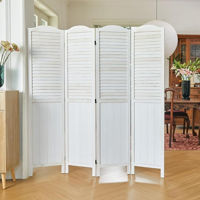 Room Partitions and Dividers, 68.9 Inch Temporary Wall with Double Hinges, Wooden Louver & MDF Stable Screens for Home Office Bedroom Coffeehouse Decoration (4 Panels, White-Washed)-Ruum Studio Home