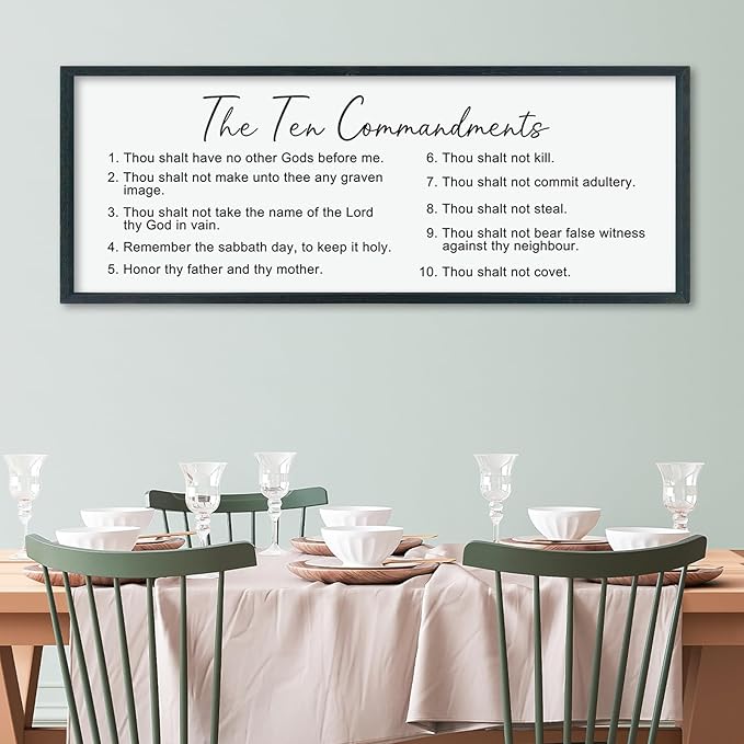 LuZhiQiang The Ten Bible Verse Wall Decor 40"×15" God Jesus Prayer for Christian Saying Catholic Scripture Sign Large Wood Framed Wall Hanging Art (Black)-Ruum Studio Home