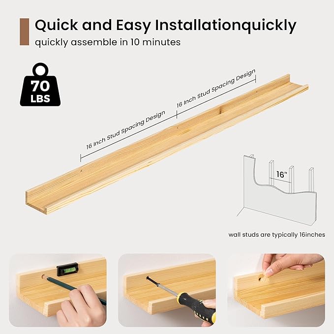 Picture Ledge Shelf, Solid Pine Wood Floating Shelves Set of 2, 48 Inches Nursery Book Shelves for Toys Storage, Kids Bookshelf Wall Mounted for Living Room Bedroom Decor Books Photo Frames, Natural-Ruum Studio Home