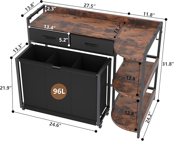 L Shaped Laundry Hamper Laundry Basket with 3 Section Pull-Out Rolling Bags & 3-Tier Storage Shelf, Laundry Sorter for Organization and Storage with 2 Drawers for Laundry Room-Ruum Studio Home