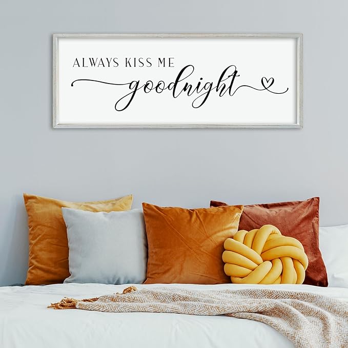 comurdyo Always Kiss Me Goodnight Sign for Bedroom Above bed Wall Decor 40''×15'' Large Wood Frame For Couples Over Bed Hanging Wall Art (White)-Ruum Studio Home