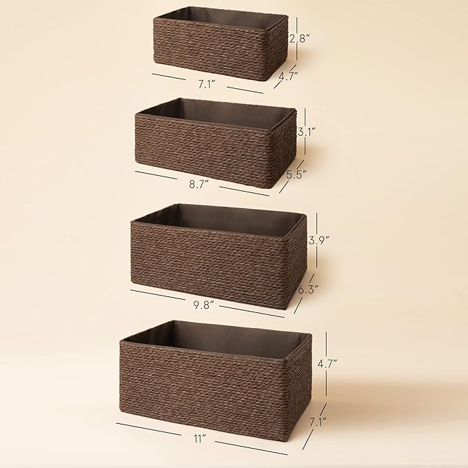 LA JOLIE MUSE Paper Rope Woven Storage Basket Set of 4 with Fabric Liner, Stackable Multipurpose Organizer Bin, Brown-Ruum Studio Home