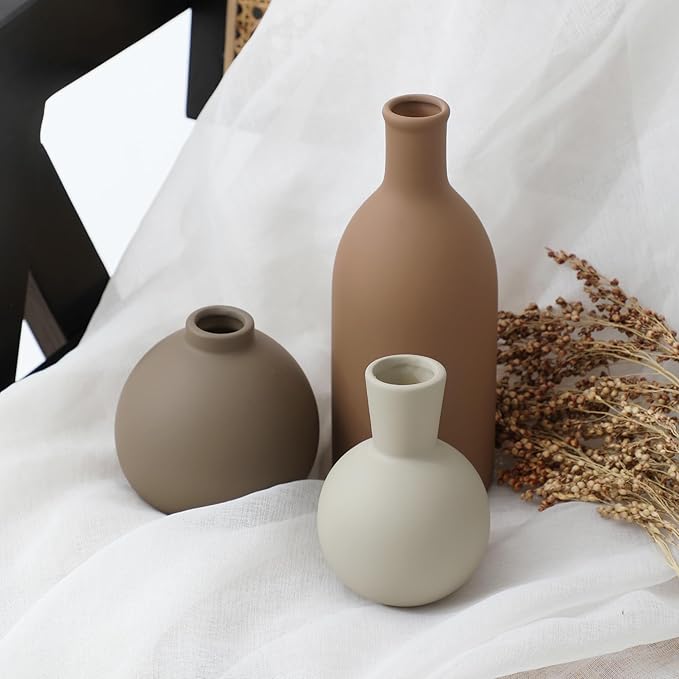 Ceramic Vase Set of 3, Vases Home Decor Rustic Farmhouse Decorative Vase Pottery Vases for Bouquet Pampas Grass Dried Fresh Flowers, Table Living Room Kitchen Bedroom Bathroom - Brown-Ruum Studio Home