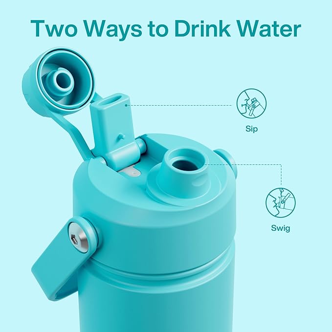Kids Insualated Water Bottle with Straw - 12oz Stainless Steel Water Bottle with Dual Spouts, Leak-Proof, BPA-Free, Double Wall Vacuum Keeps Cold for 24 Hours for Sports, Travel (Aquamarine Blue)-Ruum Studio Home