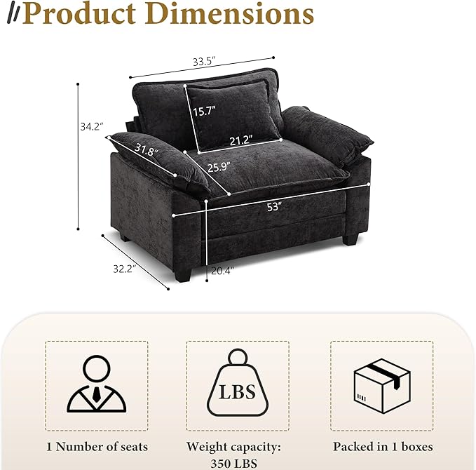 URRED Modular Sectional Sofa Comfy Cloud Couch, Modern Chenille Sofa Sleeper Deep Seat Couches with Ottoman/Pillows for Living Room (Black, 53'')-Ruum Studio Home