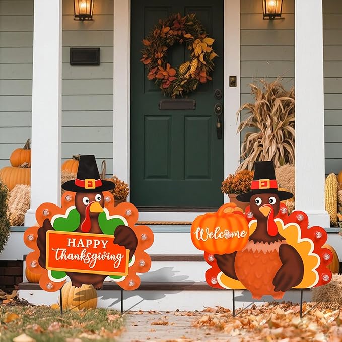 2 PCS Fall Decorations Outdoor Metal Happy Thanksgiving Decorative Garden Stakes with Led Light Welcome Pumpkin Turkey Yard Signs Fall Harvest Lawn Garden Lawn Pathway Decor-Ruum Studio Home