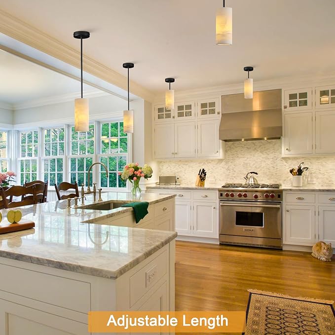 Alabaster Pendant Light Kitchen Island, H-9.5in Black Pendant Light Fixtures with Natural Marble Shade, Adjustable Ceiling Pendant for Dining Room, Living Room, Bedroom & Bathroom-Ruum Studio Home