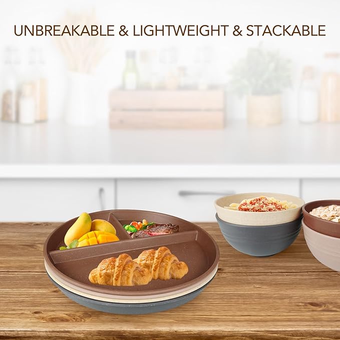 greenandlife 9 Inch 4PCS Unbreakable Portion Control Plates, Divided Plates for Kids Adults, Dishwasher & Microwave Safe Compartment Plate, Lightweight Reusable Wheat Straw Plate, BPA Free-Ruum Studio Home