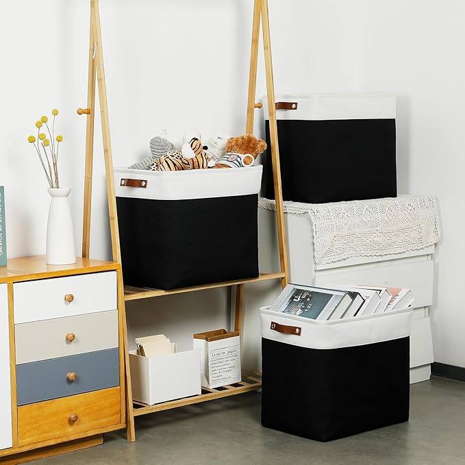 DULLEMELO Fabric Storage Baskets 3 Pack - 17x12x15 inch Large Foldable Fabric Organizer for Storage Decorative Storage Bins for Home,Closet(White&Black)-Ruum Studio Home