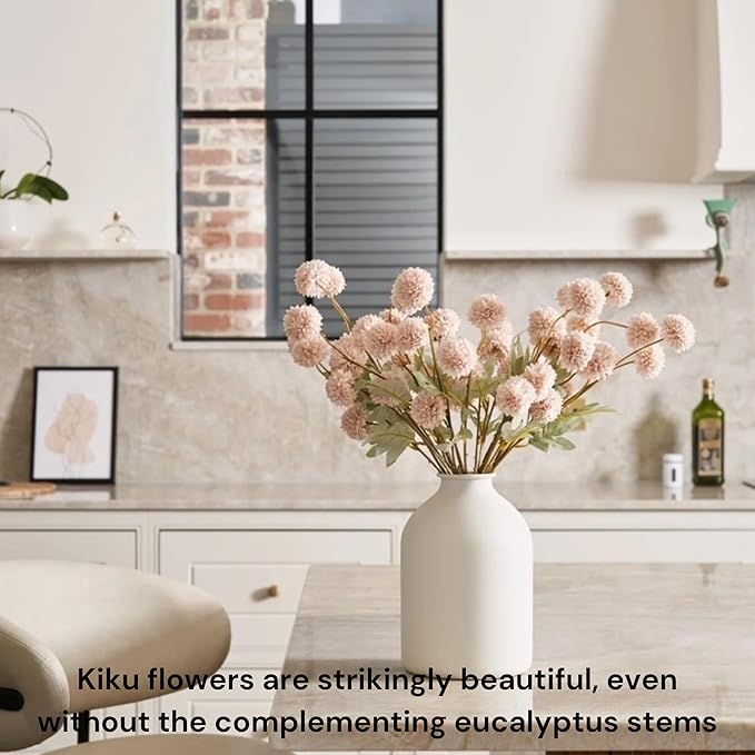 Beige Fake Flowers Silk 10 Stems With Eucalyptus, Faux Flowers For Vase, Artificial Mums Long Stem, Mini Faux Mums Flower Bulk, Tan Nude Cream Neutral Floral, Chrysanthemum Pom Pom Floral Arrangements-Ruum Studio Home