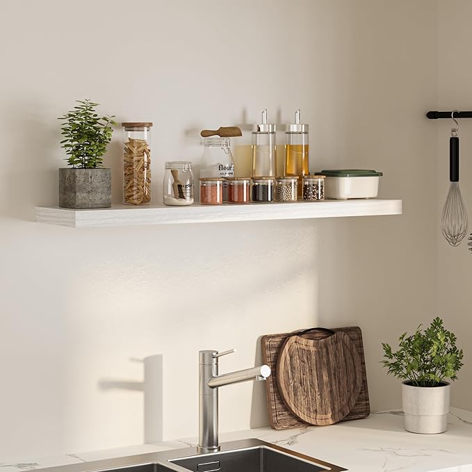 Floating Shelves for Wall,48" W x 9.3" D x 1.5" H, Wooden Wall Mounted Display Shelves with Invisible Brackets for Living Room, Bedroom, Bathroom, Kitchen Decor and Storage, Set of 1, White-Ruum Studio Home