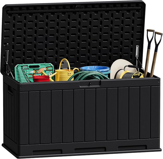 JUMMICO 90 Gallon Waterproof Resin Deck Box, Double Wall Outdoor Storage Box with Lockable Lid for Garden Tools, Patio Cushions, Pools (Black)-Ruum Studio Home