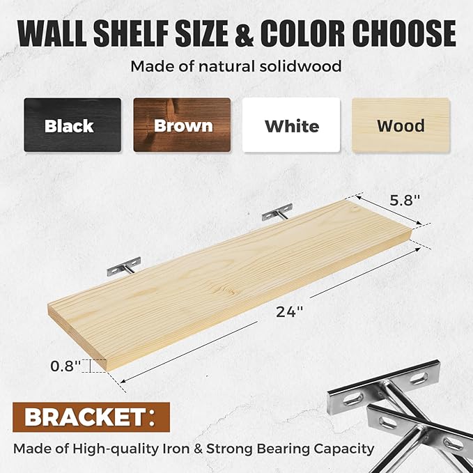 Floating Wall Shelves 3-Pack - 24-Inch Rustic Wooden Shelves for Storage and Décor, Easy Installation for Living Room, Bedroom, and Kitchen-Ruum Studio Home