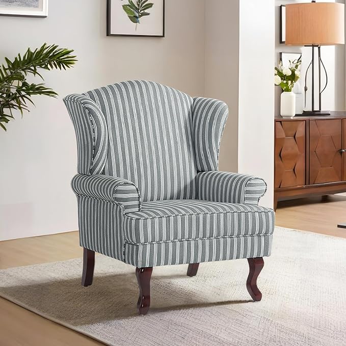 Accent Chair, High Back Upholstered Armchair with High Resilience Sponge & Wood Legs, Mid-Century Modern Comfy Single Sofa Reading Chairs for Living Room, Bedroom (Stripe Grey, Set of 1)-Ruum Studio Home
