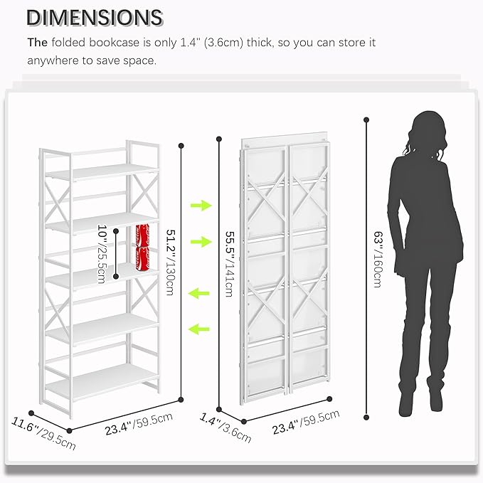 4NM 5 Tiers No Assembly Book Shelves, 51.2" H Folding Bookshelf Bookcase Open Industrial Foldable Shelves for Bedroom, Living Room, Home Office - All White-Ruum Studio Home