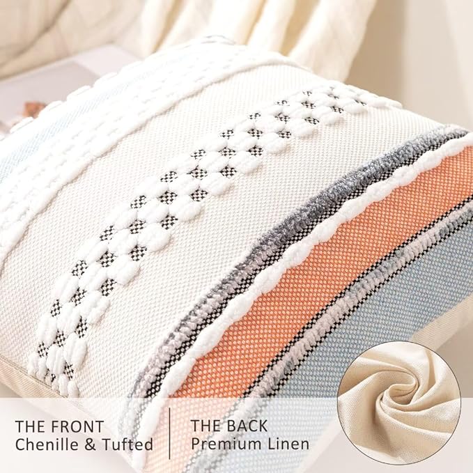 Boho Throw Pillow Covers 18x18 Set of 2 Farmhouse Decorative Cushion Case Striped Square Pillows Cover Chenille Pillow Cases Accent Neutral Pillowcase for Sofa Couch Bed,Orange-Blue-Ruum Studio Home
