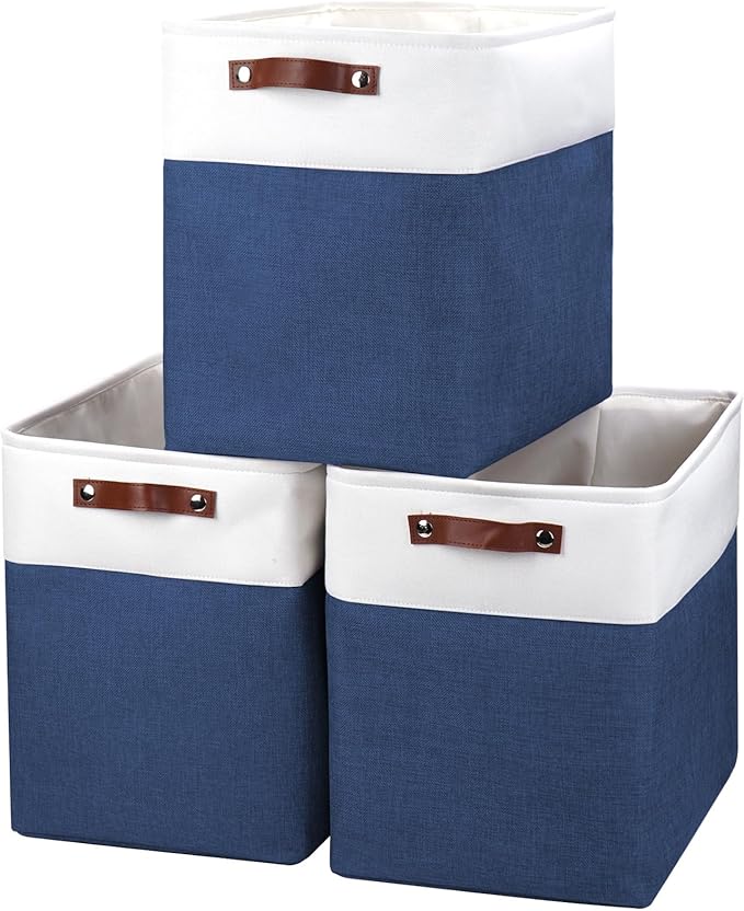 Large Fabric Storage Baskets | 50L Storage Bins, Decorative Linen Closet Baskets with Handles for Organizing, Shelf, Toys, Clothes, Home, Office, Nursery, 17x12x15Inches (Navyblue&White)-Ruum Studio Home