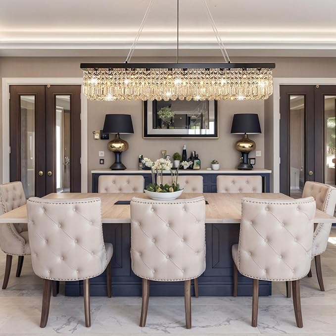 Rectangular Black Crystal Chandelier,10 Light Crystal Chandeliers for Dining Room, Rectangle Light Fixture for Kitchen Island L47''xW10''x H10''-Ruum Studio Home