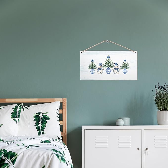 DUXMNAMG Chinoiserie Snowman Winter Hanging Wooden Signs 12x6, Blue and White Porcelain Snowman Sign, Winter ChristmasTree Blue Bow Snowman Chinoiserie Signs for Home Room Office Hanging Wall Decor-Ruum Studio Home