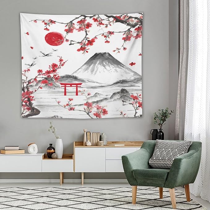 Red Cherry Blossoms Tapestry, Japanese Fuji Mountain Tapestry, Asian Japanese Wall Tapestry, Nature Landscape Tapestries for Bedroom Living Room Decor 60"x50"-Ruum Studio Home