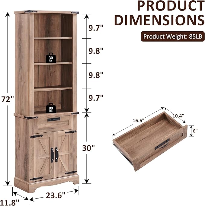 OKD 72'' Tall Bookshelf with Storage, Farmhouse 4 Tier Bookcase with Barn Door, Adjustable Shelves and Drawers, Rustic Wooden Office Bookshelves for Home Bedroom, Living Room, Library (Natural Oak)-Ruum Studio Home