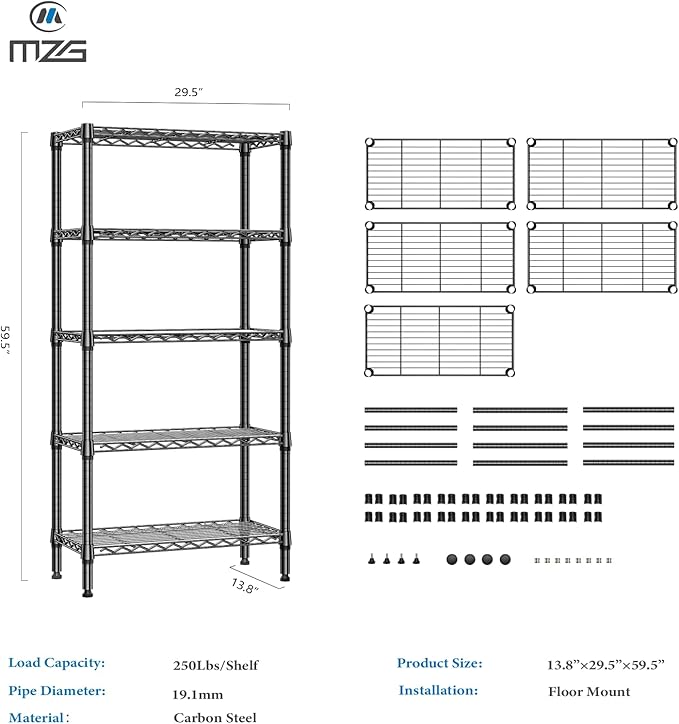 1250 lbs 5 Tier Shelf Metal Storage Shelves Shelving Wire Rack Heavy Duty Closet Organizers for Garage Kitchen Bathroom Laundry Black 13.8" D x 29.5" W x 59.5" H-Ruum Studio Home