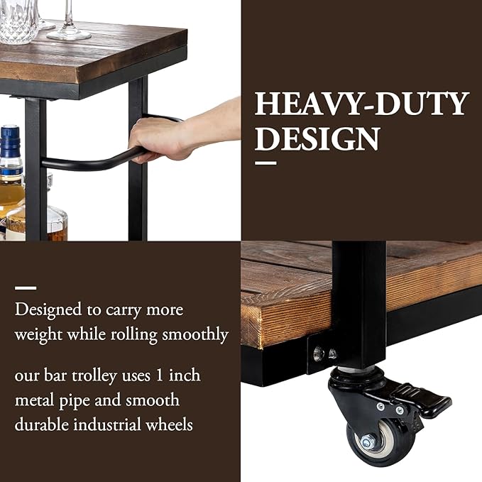 Bar Carts for The Home, Rolling Home Bar Serving Cart on Wheels, 3 Tier Portable Bar Cart, Rolling Coffee Cart with Lockable Wheels, Rustic Burnt Solid Wood and Industrial Matte Black Metal-Ruum Studio Home