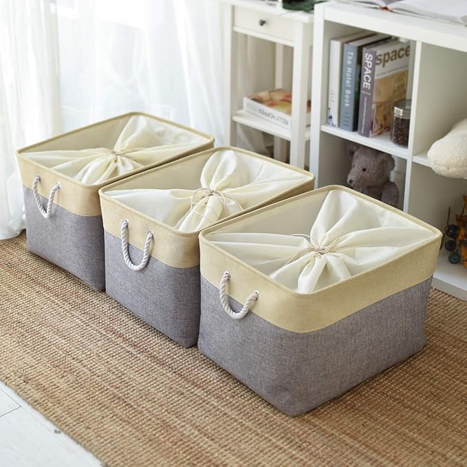 TheWarmHome Storage Bins Baskets for Organizing - Extra Jumbo 3 Pack 20.5Lx15.7Wx13.8H Sturdy Fabric Storage Basket for Shelves, Decorative Foldable Closet Nursery Toy (Gold&Grey)-Ruum Studio Home