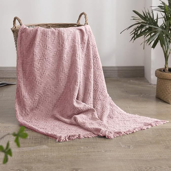 Simple&Opulence 100% Cotton Throw Blanket for Bed, Couch, Boho Luxury Geometric Knit Woven Blanket with Tassels Soft Lightweight Cozy Breathable, Vintage Farmhouse Decoration for All-Season(Pink)-Ruum Studio Home