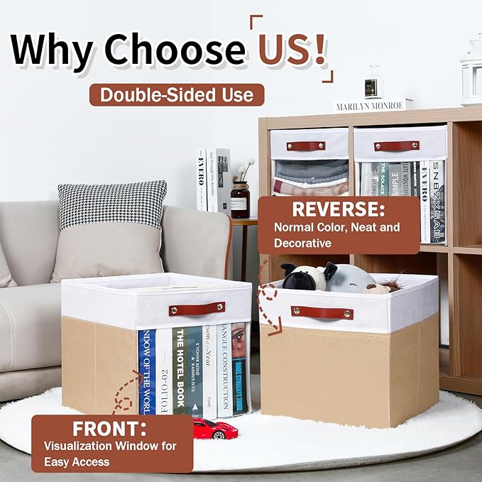 HNZIGE Fabirc Storage Cube Bins 13x13x15 Storage Cube Bins, 4 Pack Foldable Decorative Clear Cube Storage Bins for Cube Organizer Canvas Cubby Storage Organizer Bins for Shelves Pantry- White Beige-Ruum Studio Home