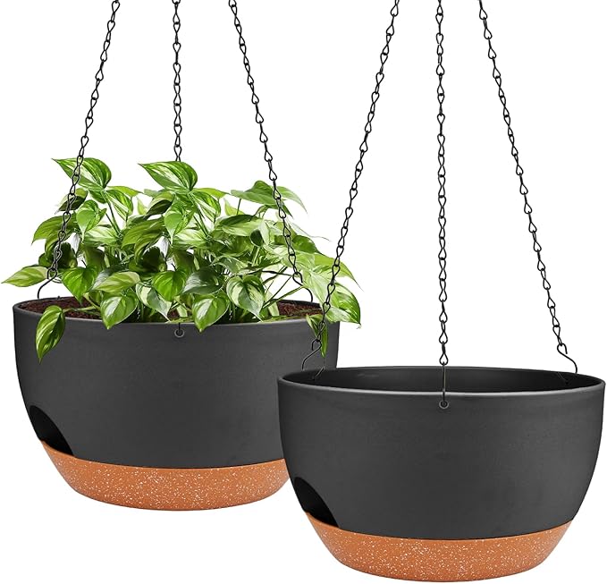 Hanging Planters for Outdoor Indoor Plants, 2 Pack 12 Inch Hanging Basket Plants Outdoor, Self Watering Hanging Planter with Plant Hanger for Garden Home Decoration (Black)-Ruum Studio Home