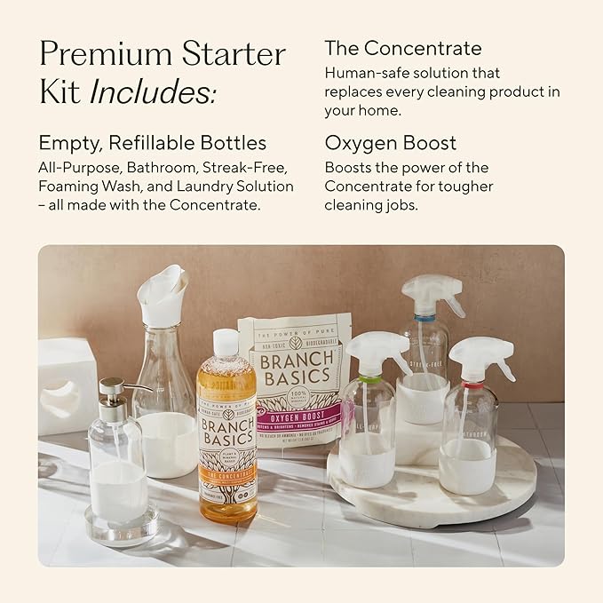 Branch Basics Premium Starter Kit in Glass: All Purpose Cleaner, Glass Cleaner, Bathroom Cleaner, Wash Bottle, and Laundry Bottle (3 Glass Spray Bottles + Concentrate) Fragrance-Free-Ruum Studio Home