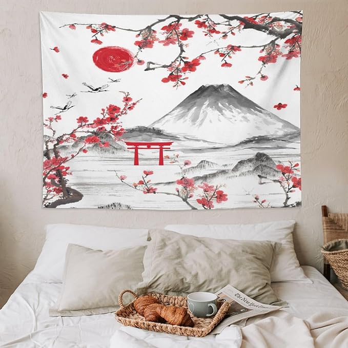 Red Cherry Blossoms Tapestry, Japanese Fuji Mountain Tapestry, Asian Japanese Wall Tapestry, Nature Landscape Tapestries for Bedroom Living Room Decor 80"x60"-Ruum Studio Home