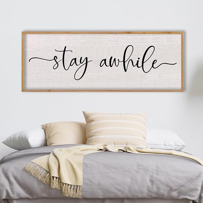 LuZhiQiang Stay Awhile Home Sign Wall Decor 40"X15" Large Solid Wood Frame For Hallway Living Room Entryway Wall Art Hanging (Wood)-Ruum Studio Home