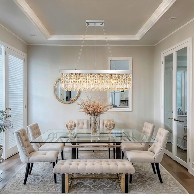 Modern Crystal Chandelier for Dining Room,6 Light K9 Crystal Rectangle Chandelier, Rectangular Pendant Ceiling Light Fixture for Living Room Kitchen Island L31.5''xW10''xH10''-Ruum Studio Home