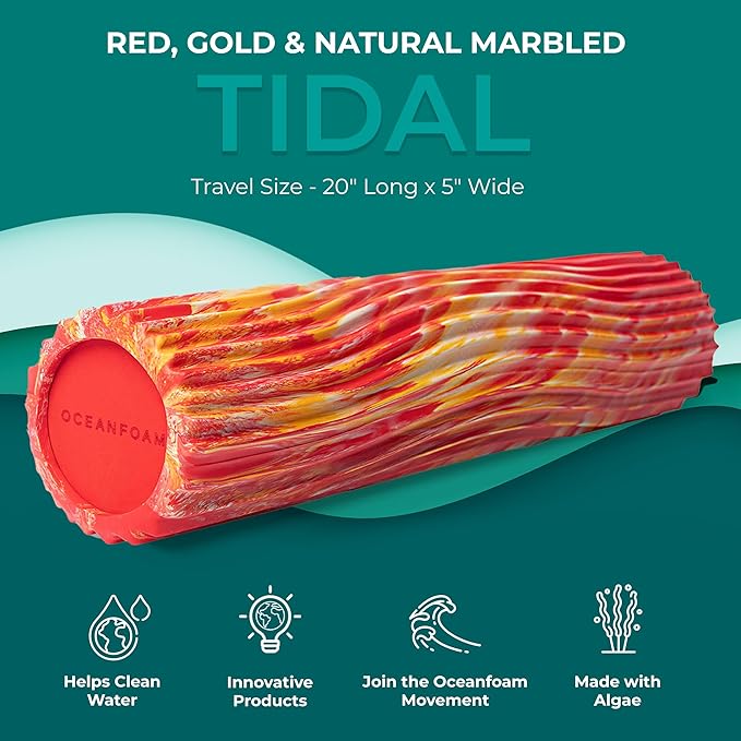 Oceanfoam Tidal Roller - Red, Gold & Natural Marbled - Muscle Massage Foam Roller for Back Pain & Stretching - Firm and Ergonomic Wide Wave Textured - Yoga, Athletics, & Wellness - Full Size, 20" x 5"-Ruum Studio Home