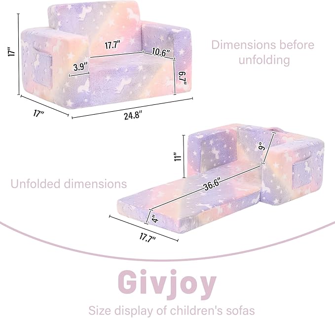 Toddler Chair Kids Couch, 2-in-1 Toddler Soft Sherpa Couch Fold Out Armchair with Removable Cover, Convertible Reading Chair Toddler Sofa for Kids, Glow in The Dark Purple Horse-Ruum Studio Home