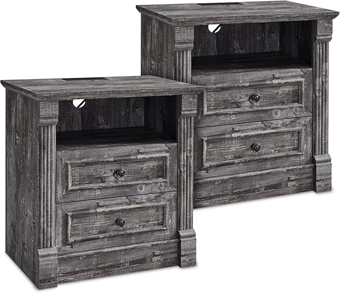26" Tall Farmhouse Nightstand Set of 2, 2 Drawers End Table w/Charging Station, 23.6" Wide Large Side Table w/Roman Column, Wood Rustic Sofa Table w/Open Shelf, Bedside Table for Bedroom, Light Gray-Ruum Studio Home