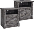 26" Tall Farmhouse Nightstand Set of 2, 2 Drawers End Table w/Charging Station, 23.6" Wide Large Side Table w/Roman Column, Wood Rustic Sofa Table w/Open Shelf, Bedside Table for Bedroom, Light Gray-Ruum Studio Home