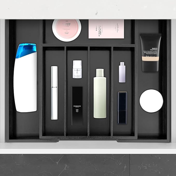 VaeFae Bamboo Drawer Organizer, Expandable Silverware Drawer Organizer, Cutlery Tray with Dividers for Kitchen Utensils (Black, Medium)-Ruum Studio Home
