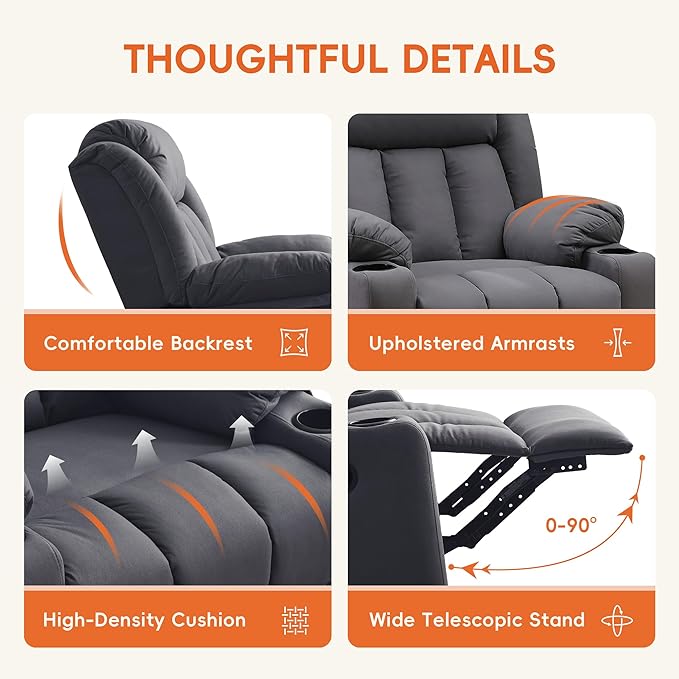 Rocker Swivel Recliner Chair for Adults, Overstuffed Large Manual Recliner Glider with Massage and Heat, Comfy Soft Fabric Living Room Reclining Sofa Chair(Technical Grey)-Ruum Studio Home