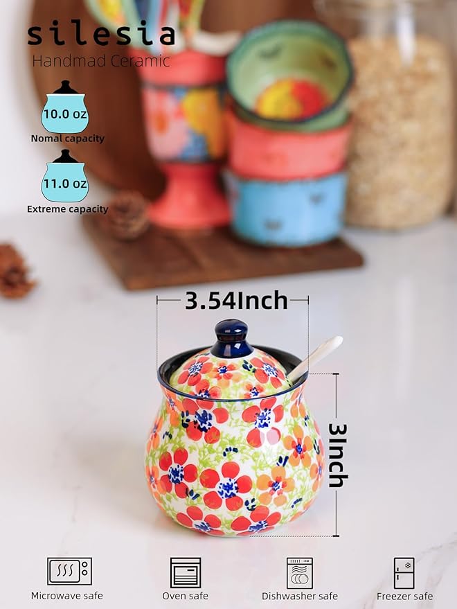 silesia Handmade Sugar Bowl with Lid and Spoon, 9 Ounce Ceramic Hand-Painted Sugar Jar for Home in Gift Box, Kitchen Decor, Oven, Dishwasher & Microwave Safe, Jungle Floral-Ruum Studio Home